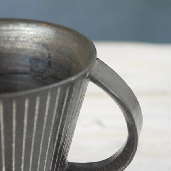 画像2: 堀有一郎/白線象嵌カップL-I/黒/白ストライプ/Φ10.5 X H10 (2)