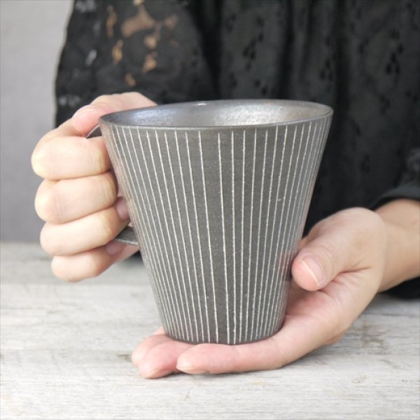 画像9: 堀有一郎/白線象嵌カップL-I/黒/白ストライプ/Φ10.5 X H10 (9)