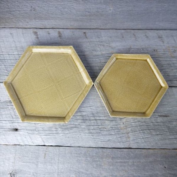画像15: 瀬戸焼/三峰園窯/加藤達伸/ハニカム皿（小）/黄瀬戸/17X14.5(一辺8.5) (15)