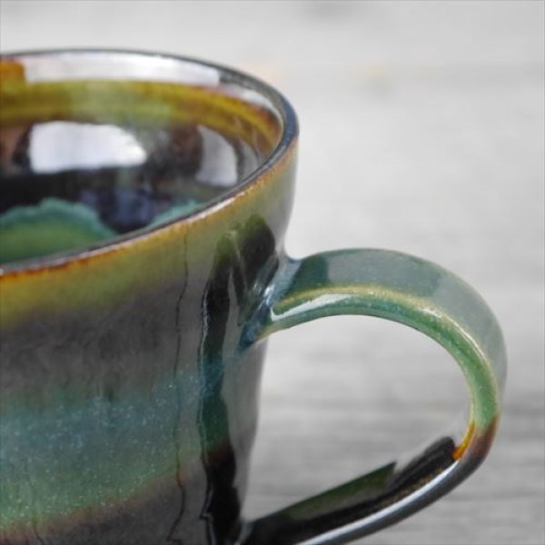 画像2: 益子焼/浅野秋児/バイカラーコーヒーカップ/緑　黒/約9.5×Ｈ約8.4 (2)